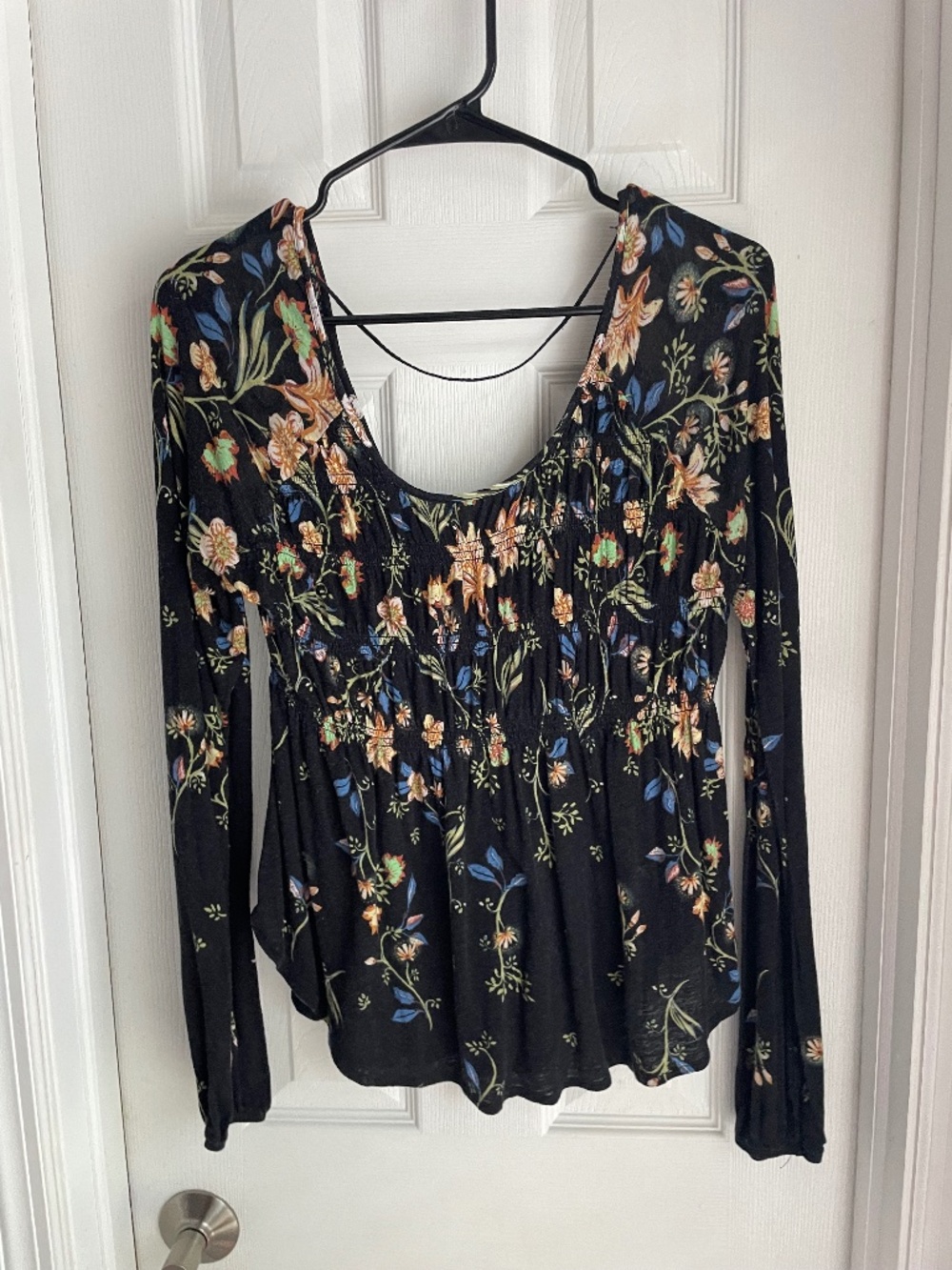 Free People Black Floral Smocked Long Sleeve Boho Top - Small